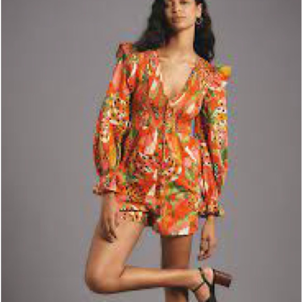 Farm Rio X Anthropologie Tropical Ruffle -Sleeve Romper-Small-NWT